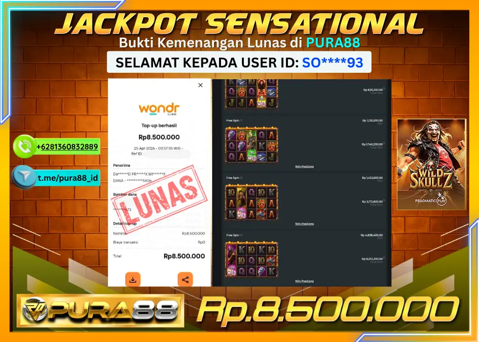 PURA88 JACKPOT WILD SKULLZ Rp 8.500.000,- LUNAS